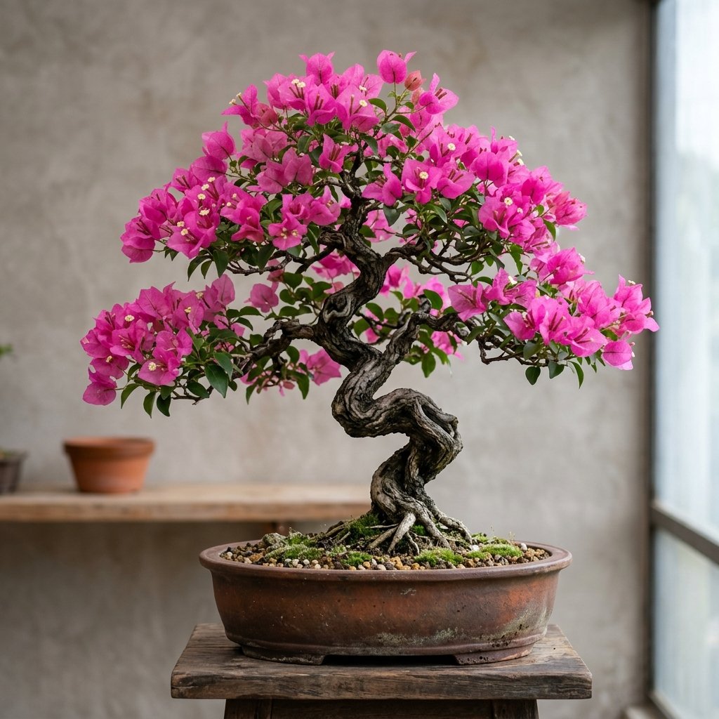 Mature bougainvillea bonsai in a shallow ceramic pot with vivid pink bracts