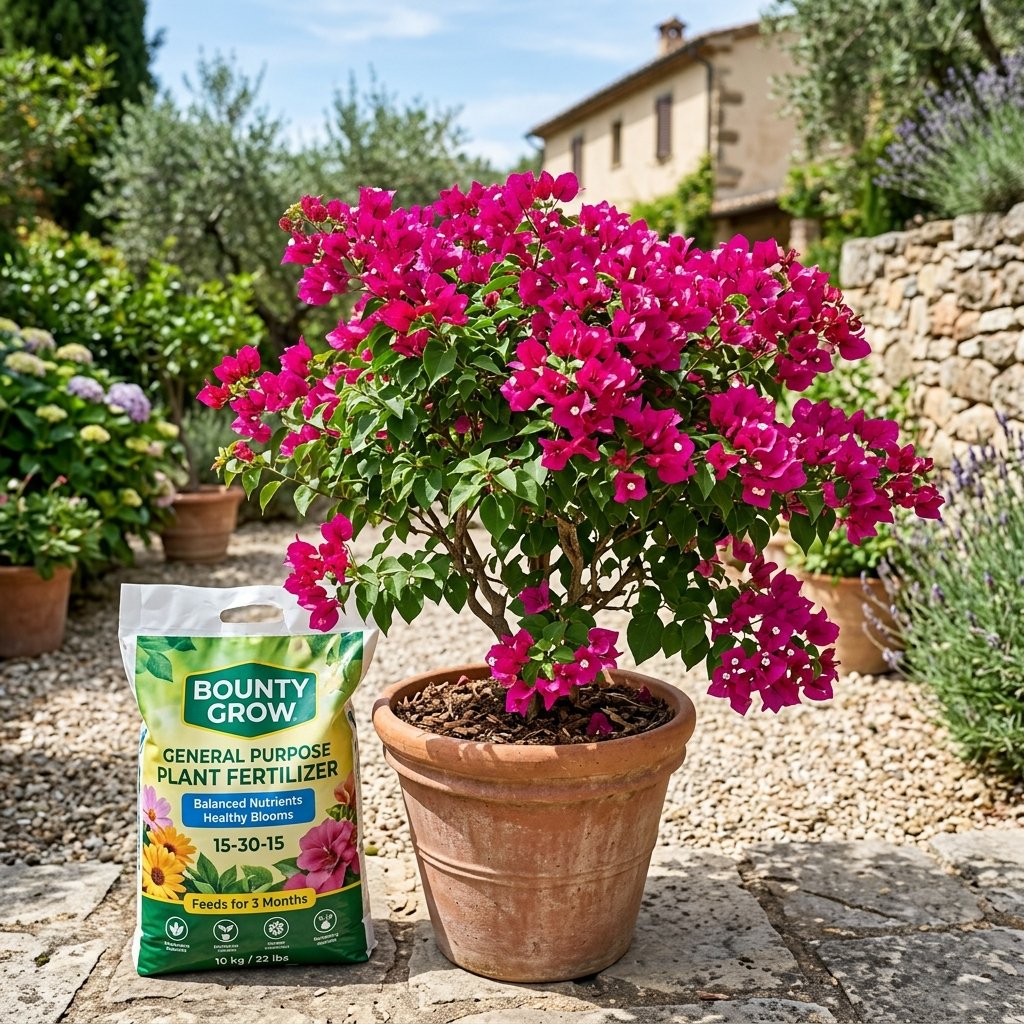 Bougainvillea plant with heavy bract production next to fertilizer products