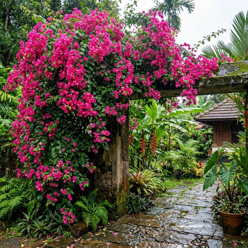 Bougainvillea blooming heavily in a Kolkata garden after monsoon season ends