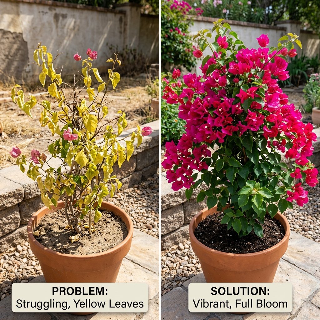 Side-by-side comparison of a sick bougainvillea and a recovered healthy plant