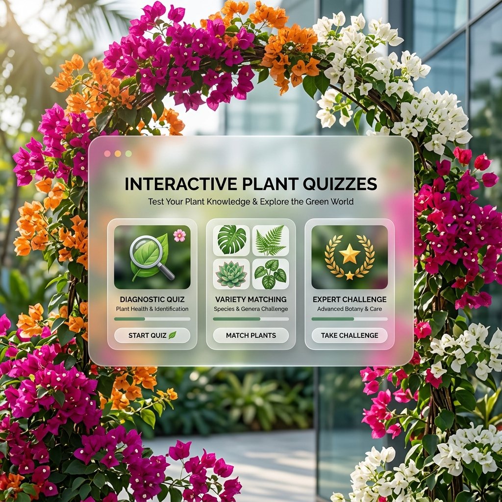 Vibrant bougainvillea flowers framing an interactive digital quiz interface