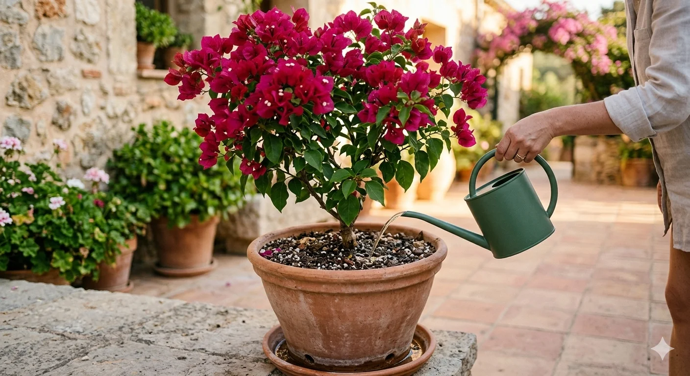 Vibrant bougainvillea bracts growing in strong sunlight beside a dry, well-drained terrace bed