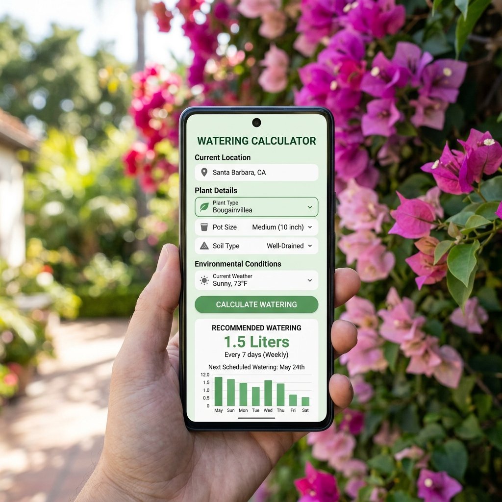 Bougainvillea watering calculator interface showing input fields and result output